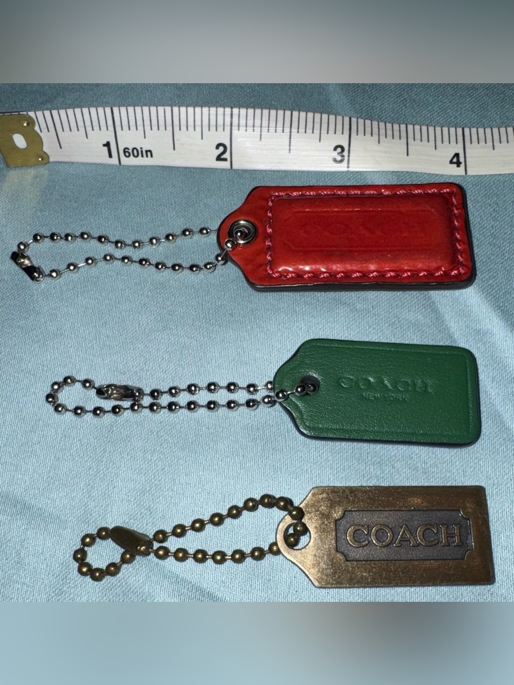 COACH Reddish Orange, Green Leather, & Brass Tone Authentic Hang Tags